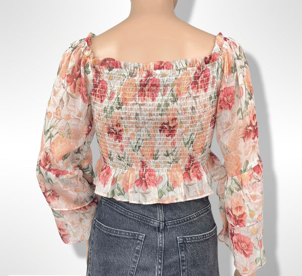 Floral White Smocked Chiffon Off the Shoulder
