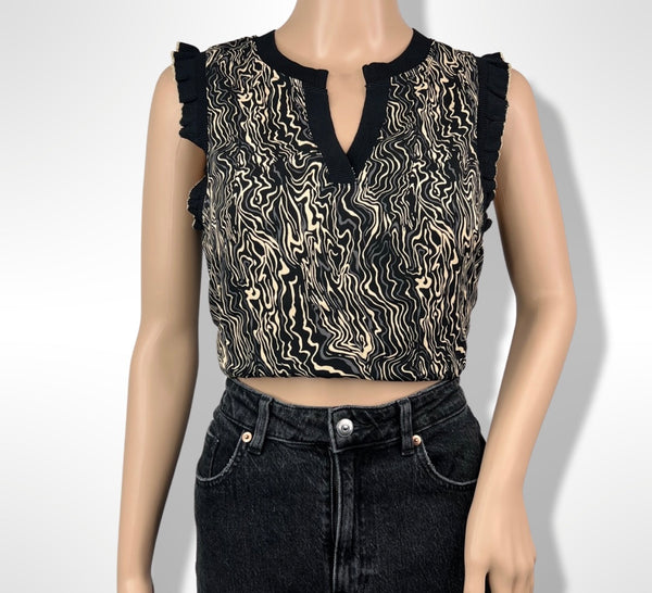 V-Neck Woven Top With Ruffel Rib Shoulder