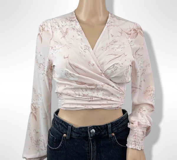 PINK ROMANCE CHIFFON WRAP TIE W/ SMOKED CUFF DETAIL BLOUSE