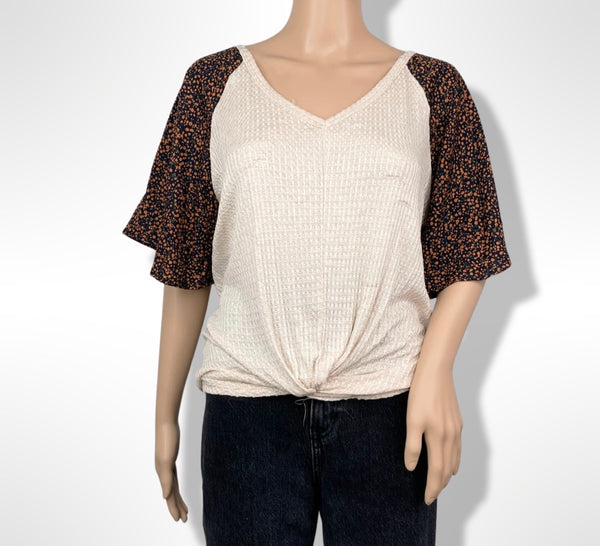 Waffle With Print Sleeve Contrast Knotted Top