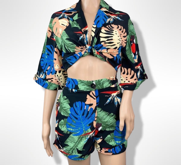 TROPICAL CROP CARDIGAN AND SHORT TWO PIECE SET