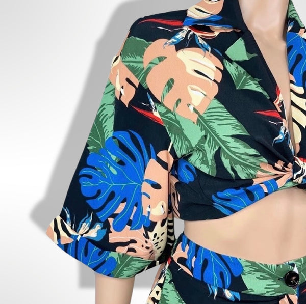 TROPICAL CROP CARDIGAN AND SHORT TWO PIECE SET